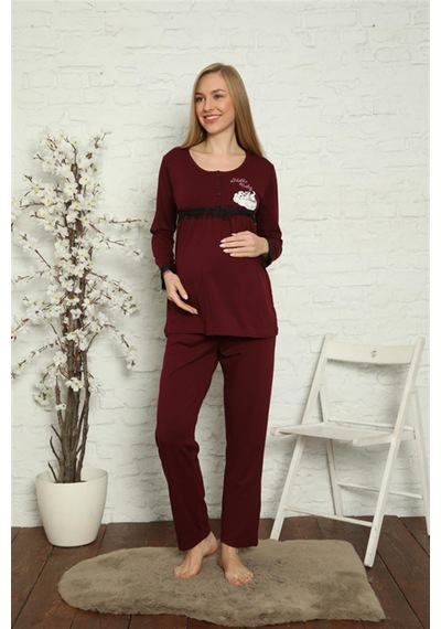 İbrahim Burak Etiler Collectıon Moda Çizgi Kadın Hamile Lohusa Bordo Pijama Takımı 45201
