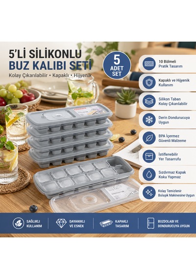 5'li Silikonlu Kapaklı Buz Kalıbı Seti 10 Bölmeli Kolay Çıkarılabilir Buzluk Kabı Gri