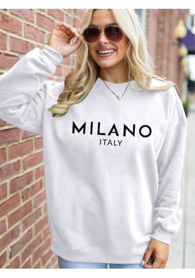 Uyguntarz Milano Baskılı Oversize Sweatshirt beyaz