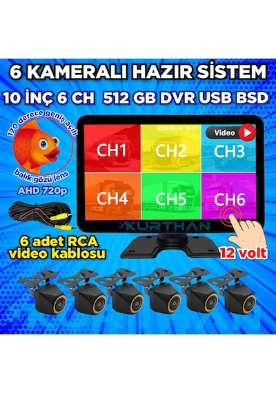 6 Ch 512 Gb 10 İnç Dokunmatik Usb Bsd Dvr Ekran 170'' Balık Gözü Ahd 720p Rca Kamera 12 Volt