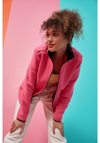 Tommy Life Fuşya Dik Yaka Fermuarlı Rahat Form Kadın Polar Sweatshirt - 97173 Fuşya