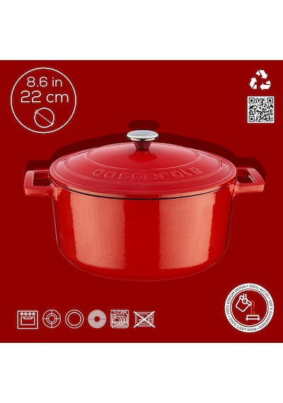 Metal Döküm Yuvarlak Tencere, 22 Cm, Kırmızı