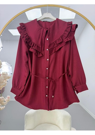 Lovie Moda Fırfır Yaka Bağcıklı Tunik Bordo