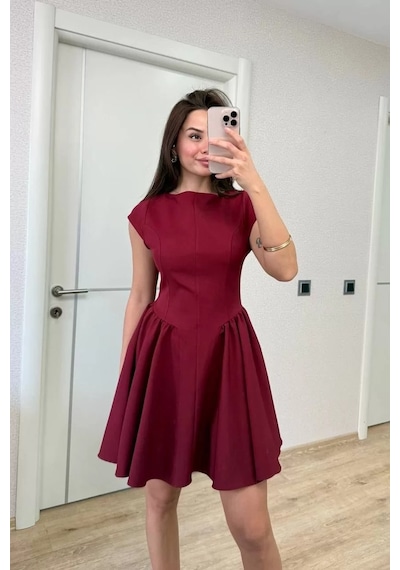 Sırt Dekolteli Çan Detaylı Mini Elbise - Bordo Bordo