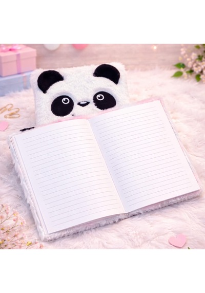 Premium Sevimli Çizgili Yapraklı Hediyelik Panda Tasarımlı Peluş Defter Çok Renkli