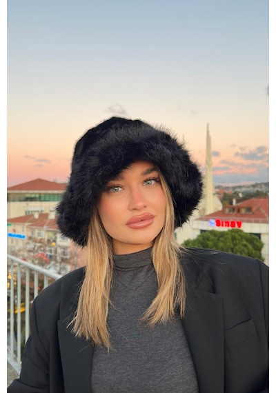 Mollycrush Suni Kürklü Peluş Bucket Kalpak Şapka Luxury Kadın Siyah Rus Slav Tarzı Siyah