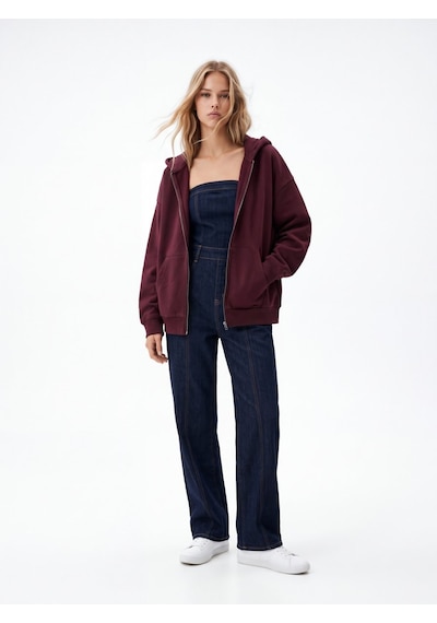 LTB Relaxed Fit Fermuarlı Kapüşonlu Bordo Sweatshırt