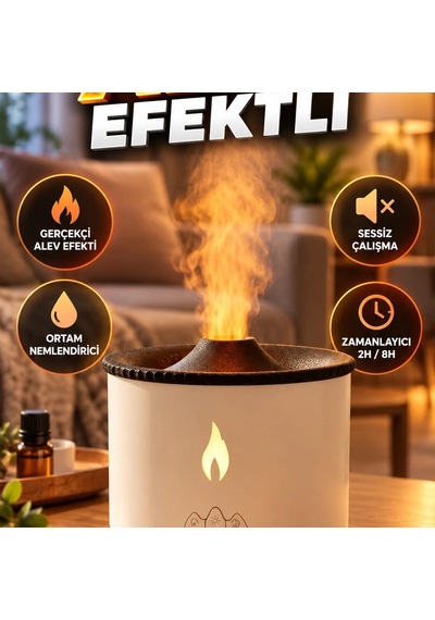 Alev Efektli Ultrasonik Aroma Difüzörü Zamanlayıcılı Sessiz Ortam Nemlendirici