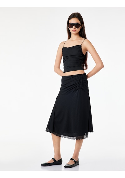 Koton Slim Fit Büzgülü A Kesim Midi Etek Siyah 6sal70065ık