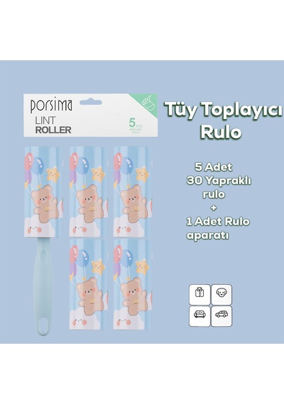 Porsima 3105 Kedi Köpek Tüy Toplayıcı Rulo 4 Adet Yedek Rulo Mavi