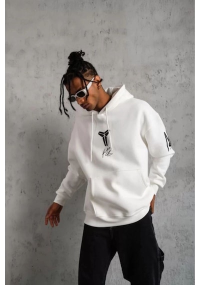 Berkek 3 İplik Pamuklu Kapüşonlu Baskılı Cepli Oversize Sweatshirt Hoodie - Eyaz Beyaz