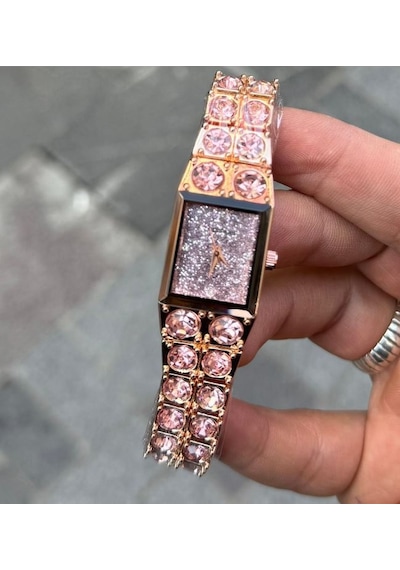 Choppers Marka Pembe Taş Kare Kadran Detaylı Kadın Kol Saati - Işıltılı Ve Gösterişli Tasarım Gold - Pembe