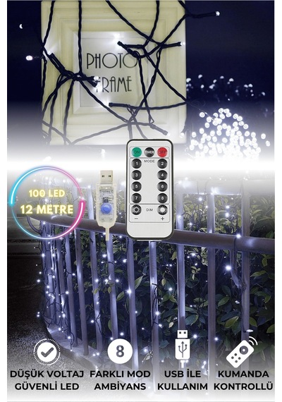 Technosmart 100 Ledli Usbli Kumandalı 8 Modlu Şerit Led Işık Parti Süsleme Organizasyon Beyaz