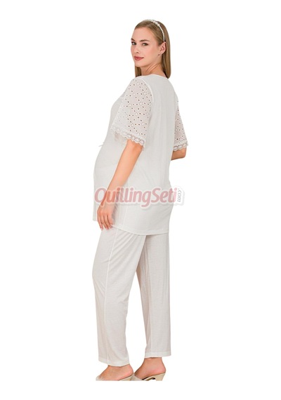 Lady Dantel Detaylı 33207 Kısa Kol 2 Parça Lohusa Hamile Pijama Takımı Ekru Renkli