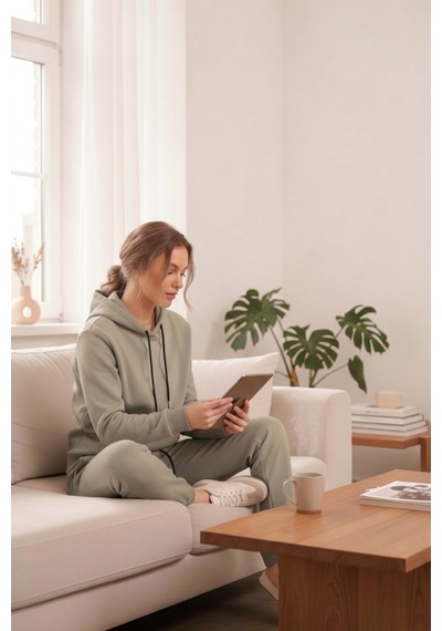 Moibody Kadın 3 İplik Şardonlu Eşofman Takımı Premium Kapüşonlu Sweatshirt Ve Jogger Alt Bej Bej