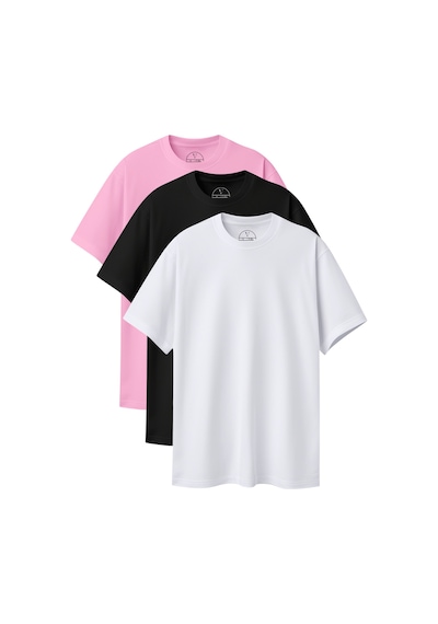 Velvoria Unisex Oversize Basic 3'lü Siyah Beyaz Pembe Renk T-shirt Çok Renkli3