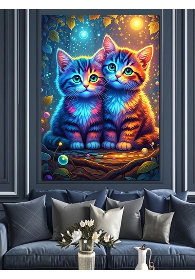 Ahşap Tablo Yıldızlı Gökyüzünde İki Renkli Kedi