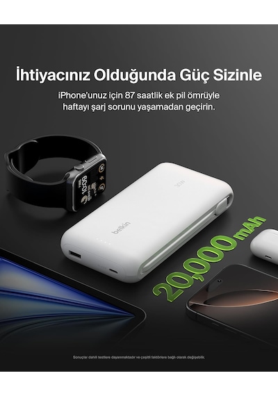 Belkin Boostcharge 20.000mah Entegre Kablolu 30w Hızlı Şarj Powerbank, Beyaz Beyaz