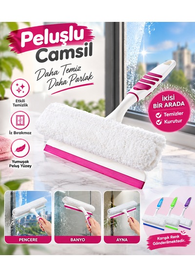 Peluşlu Pratik Cam Temizleyici Çekçek - Ergonomik Kaymaz Saplı İz Bırakmaz Camsil Karışık/Çok Renkli