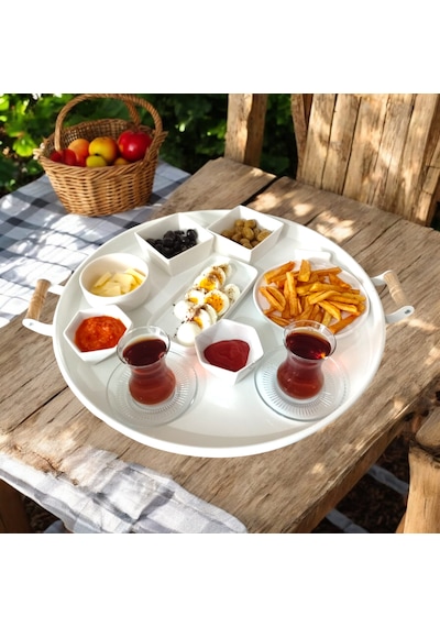 Ahşap Kulplu 51 Cm Beyaz Yuvarlak Metal Tepsi Kahvaltı Çay