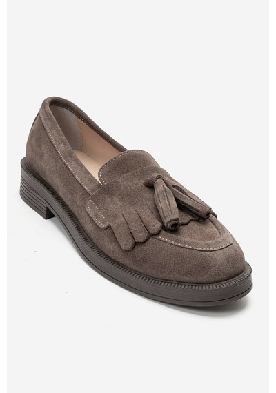 Luvi Shoes Milina Vizon Süet Püsküllü Hakiki Deri Kadın Loafer Ayakkabı