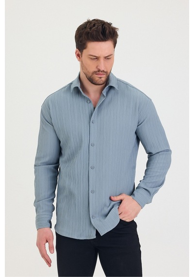 Tarz Cool Erkek Kendinden Çizgi Detaylı Slim Fit Dar Kalıp Uzun Kol Gömlek Mavi Tarz Cool Erkek Kendinden Çizgi Detaylı Slim Fit Dar Kalıp Uzun Kol Gömlek Mavi
