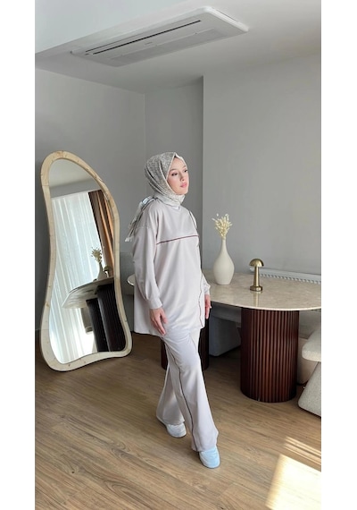 Mihran Butik Olivia Kadın Mevsimlik Penye Alt Üst Spor Ve Rahat Tesettür İkili Takım Bej