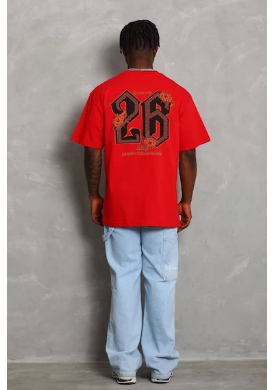 Unisex Oversize Baskılı Bisiklet Yaka T-shirt - Kırmızı Kırmızı