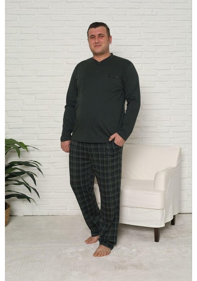 Pijamoni Erkek Battal Düğme Yaka Penye Uzun Kol Pijama Takımı 6720/13 - 1 Adet Haki