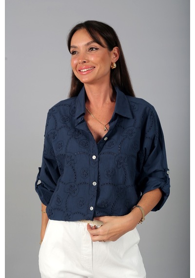 By Saygı Kadın İtalyan Cotton Mini Çiçek Nakış İşlemeli Gömlek Lacivert