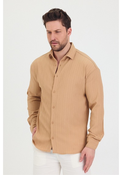 Cool Tarz Erkek Kendinden Çizgi Detaylı Slim Fit Dar Kalıp Uzun Kol Gömlek Krem Krem