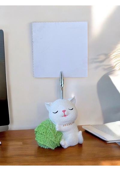 Yeşil Yumak Tutan Oturan Kawaii Kedi Temalı Not Tutacağı Fotoğraf Tutacak Tutucu Ofis Seti Hediyelik Yeşil