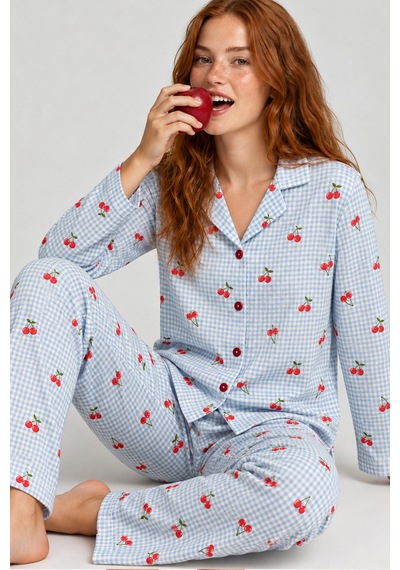 Fit Women Kadın Kiraz Desenli Pötikare Mavi Pijama Takımı 4792