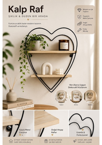 Jasper Love Ahşap Detaylı Kalpli Banyo Ve Mutfak Rafı Metal Raf Dekoratif Duvar Rafı 2 Katlı