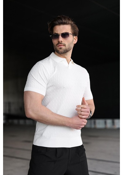 Madmext Beyaz Slim Fit Polo Yaka Triko Erkek Tişört E7472 Beyaz