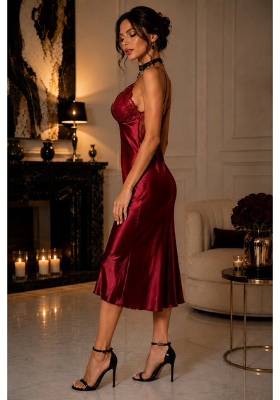 İnmera Bordo Dantel Detaylı Saten Gecelik Bordo - 900610338 Bordo