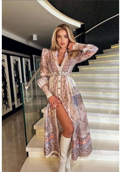 Wellway Keten Kumaş Model Dantel Detaylı Elbise Kemer Dahildir -mavi-2656 Mavi