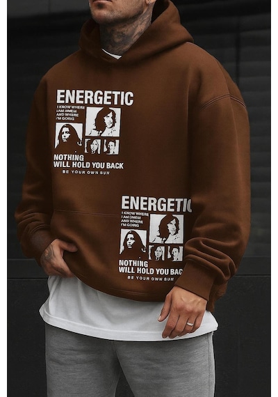Benroma 3 İplik Penye Energetıc Baskılı Sweatshırt Kahverengi