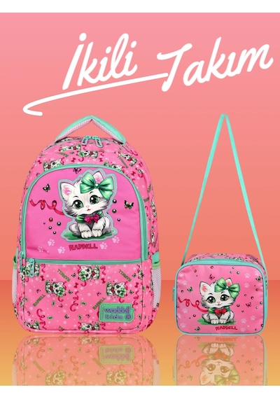 Waddell Lisanslı Çin Kedi Temalı, Sırt Destekli, Beslenme Çantalı, İlkokul Çantası 25301 Açık Pembe