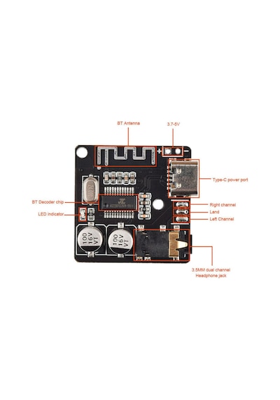 Vhm-314 Type-c Bluetooth Kablosuz Ses Mp3 Modül Amfi Müzik Çalma Kartı Dc 5v Usb Lityum Pil Batarya