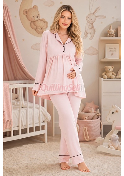 Lady Bebe Pembe Renkli Kol Ve Paçaları Manşetli, 33202 Uzun Kol, 2 Parça Lohusa Hamile Pijama Takımı Açık Pembe