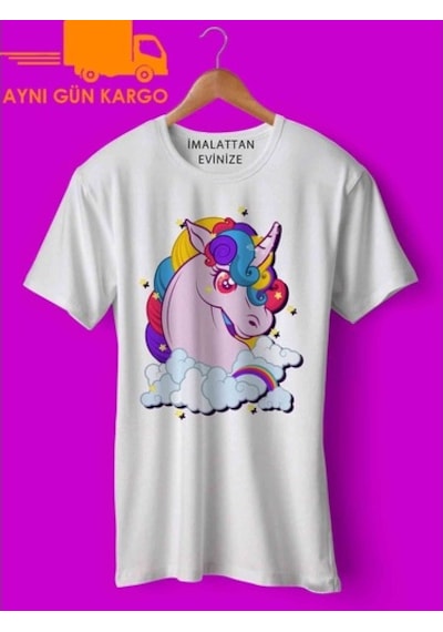 Unicorn Parıltı Baskılı Tişört Ücretsiz Kargo