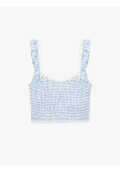 Koton Geniş Yaka Kolsuz Fırfırlı Gipeli Crop Bluz Mavi Ekose 6sal60016ıw
