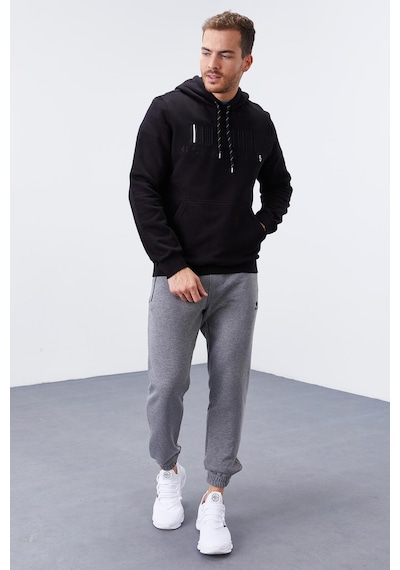 Tommy Life Siyah Nakışlı Kanguru Cep Standart Kalıp Kapüşonlu Erkek Sweatshirt - 87839 Siyah