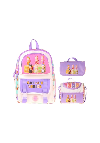 Kaukko Kids Cat Life Mor - Krem Renk Kız Çocuk Üçlü İlkokul Okul Çantası Seti/takımı - Setkk-l5313a