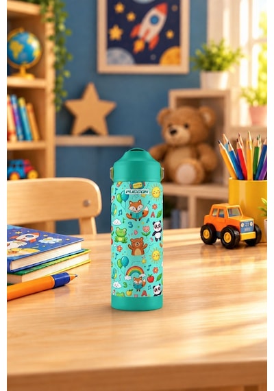 Puccon 540 Ml Sevimli Karakter Baskılı Yeşil Erkek Çocuk Pipetli Çelik Termos Matara/suluk - 60058