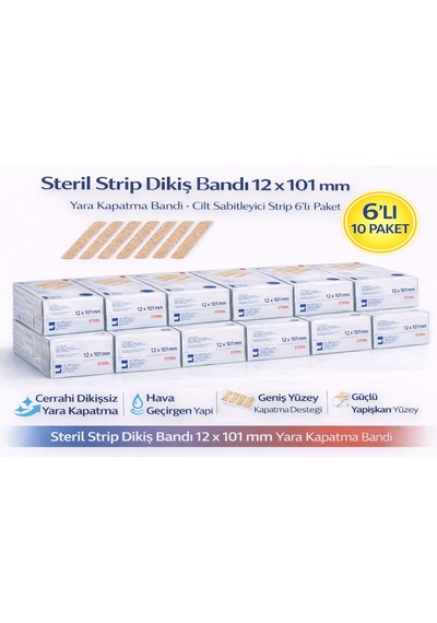 Steril Strip Dikiş Bandı 12 X 101 Mm Yara Kapatma Bandı Cilt Sabitleyici Strip 6 Lı 10 Paket