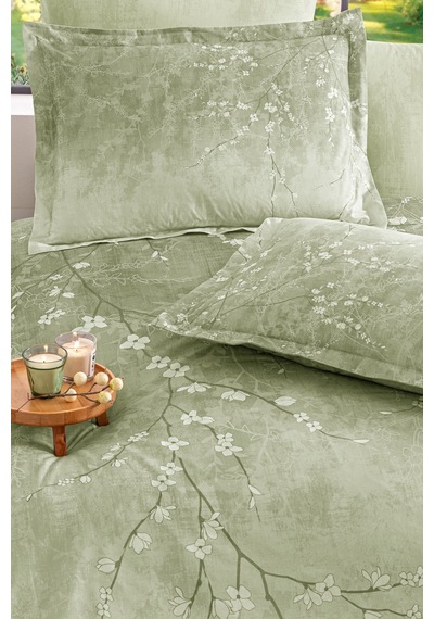 Özdilek White Sakura King Size Lastikli Çarşaf Nevresim Takımı Yeşil