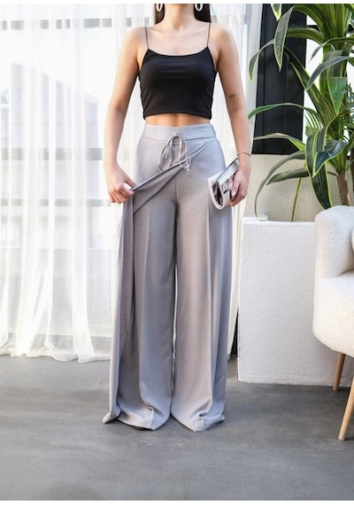 Defymoda Keten Önü Çapraz Parçali Lasti Kli Ve Bağcikli Geni Ş Paça Pantolon Gri