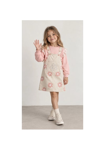 Nota Kids Kız Çocuk Çiçek Desenli Jile Elbise Takım Dantel Kollu Pudra Sweatshirt Ve Askılı Elbise Krem